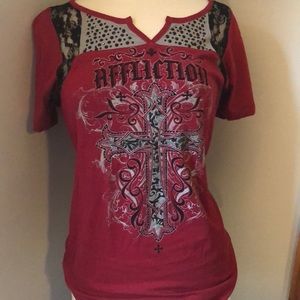 Affliction t shirt with lace inserts size lg new